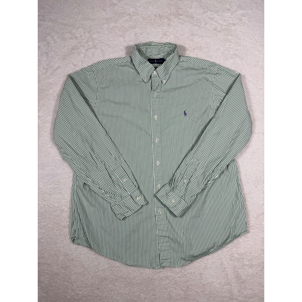 Ralph Lauren Button Down Mens XL Green Striped Good Long Sleeve Cotton Polo Pony